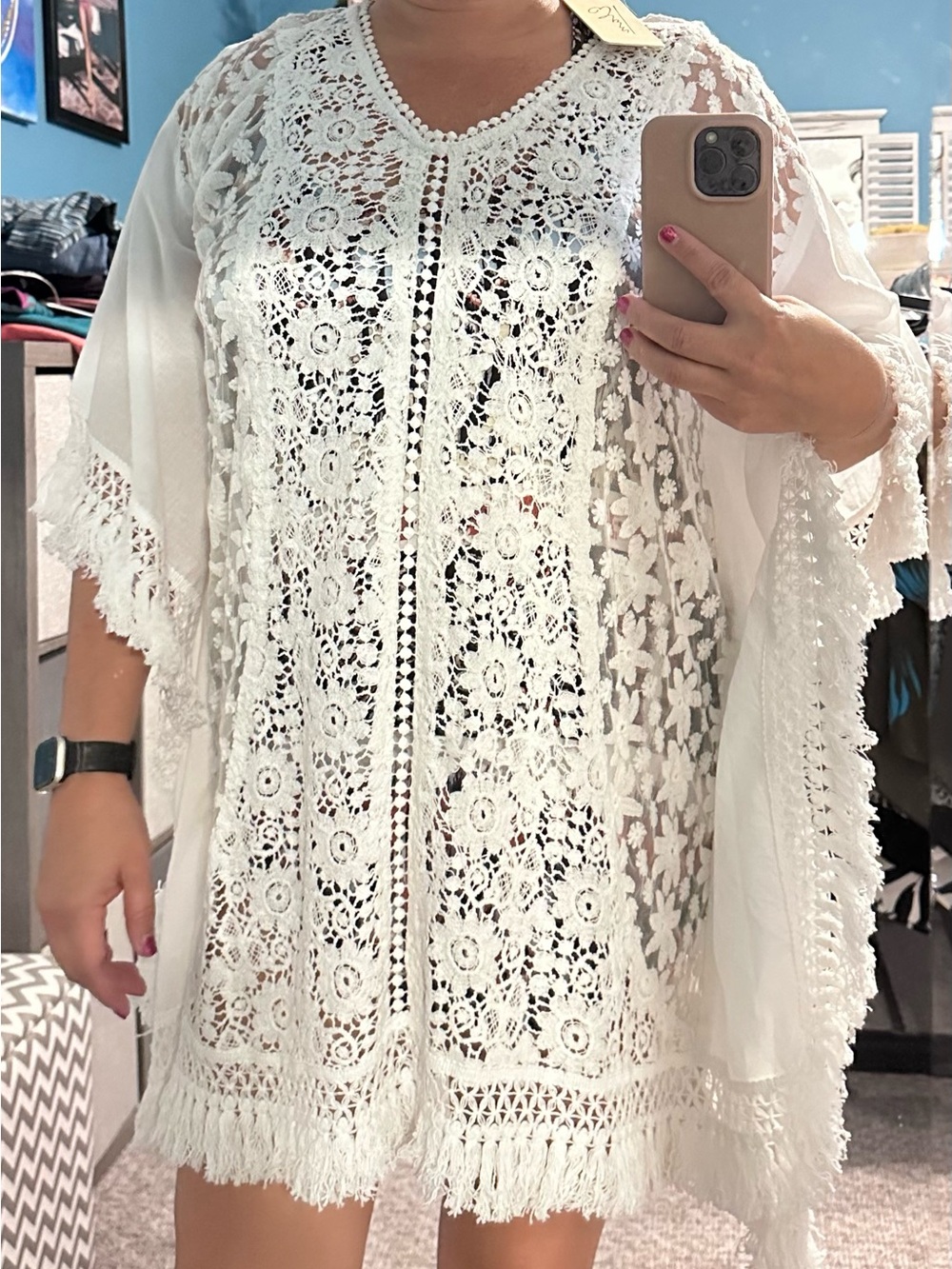 Elan White Crochet and Lace Boho Fringe Swim Coverup OS (S, M, L) - Picture 10 of 16